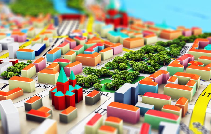 Creative abstract GPS satellite navigation, travel, tourism and location route planning business concept: 3D render illustration of the macro view of miniature color city map with 3D buildings with selective focus effect 