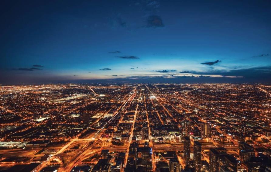 Aerial View of Chicago Skyline at Night - stock photo