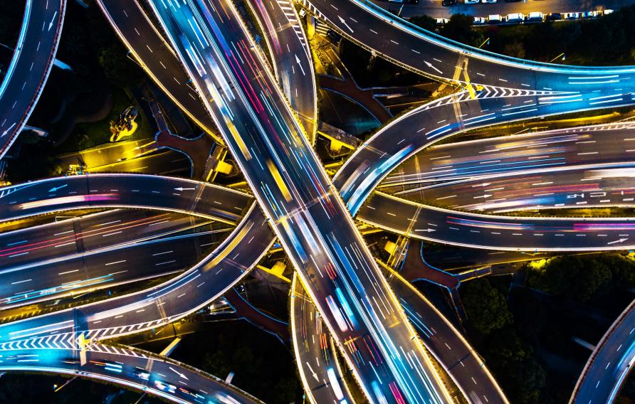 Shanghai highway junction aerial view at night time