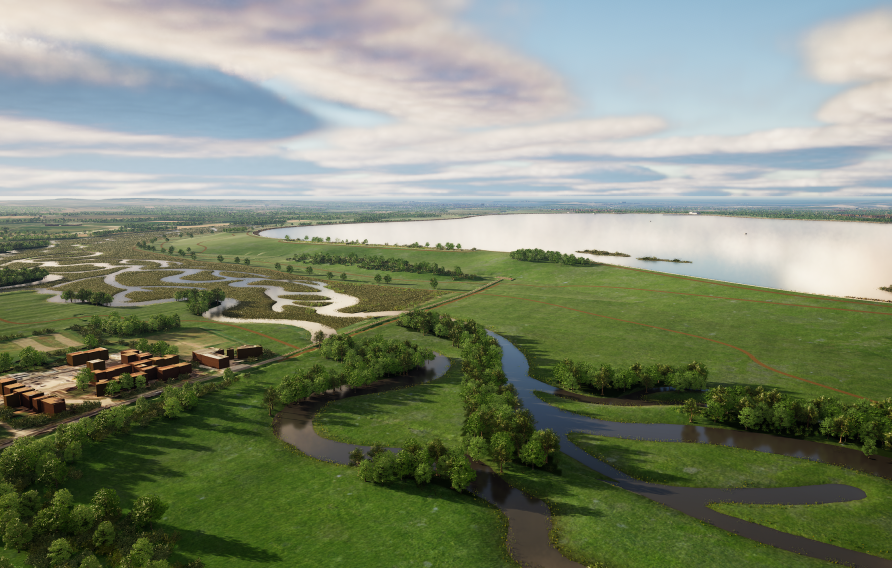 Artist illustration of river and green fields