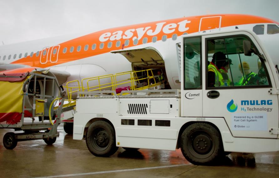 Baggage tractor and luggage cart in front of easyJet aeroplane.