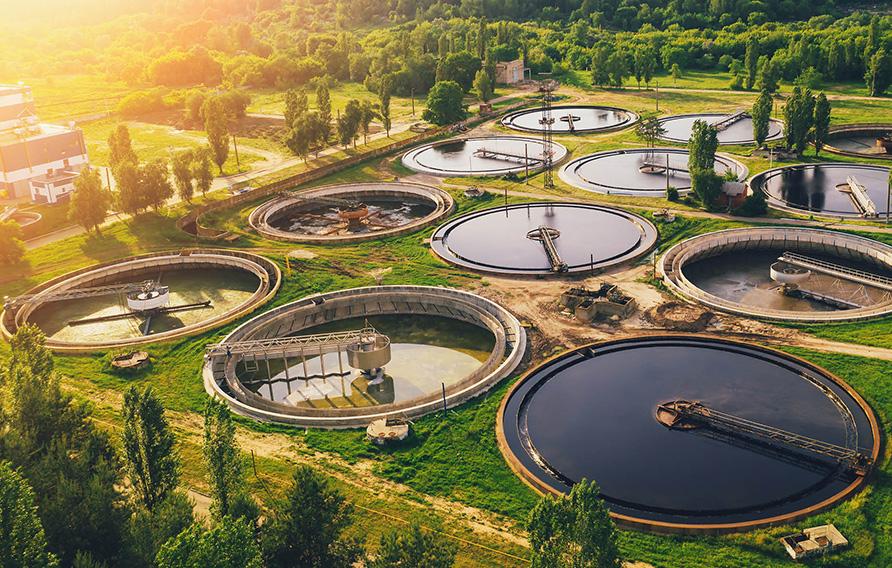 Aerial view of wastewater facilities at sunset