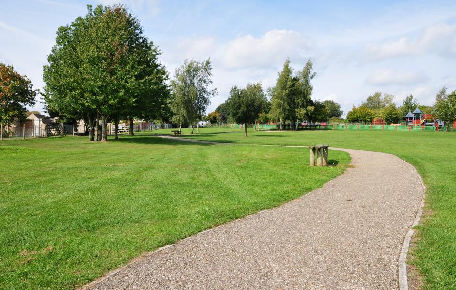 Green park with path, trees, green grass and playground.