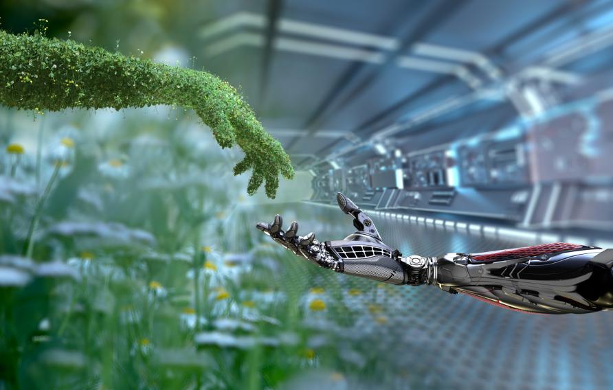 Arm made of greenery reaching out to touch fingertips with a robotic arm
