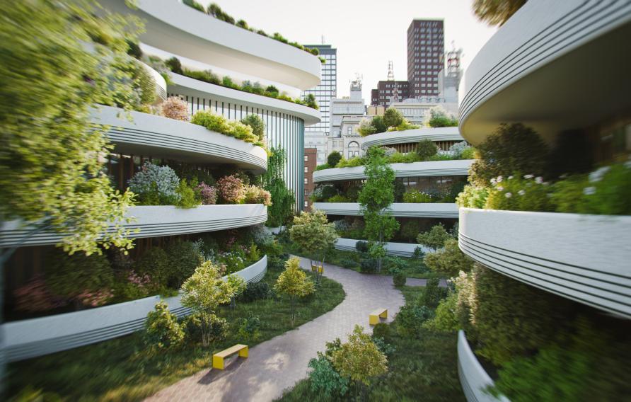 Modern green residential area. All objects in the scene are 3D