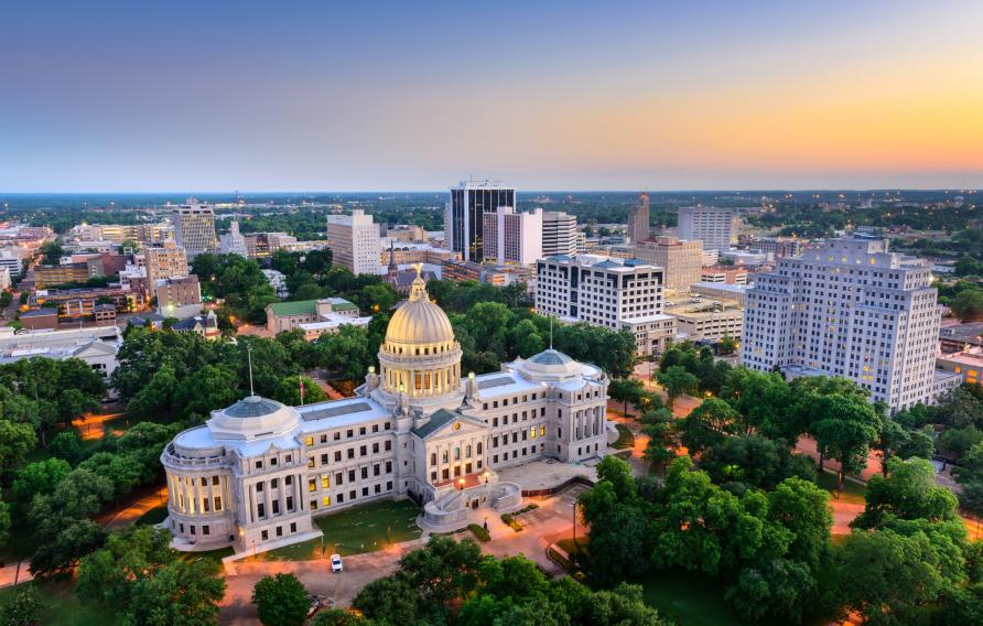 Jackson, Mississippi, USA cityscape at dusk.