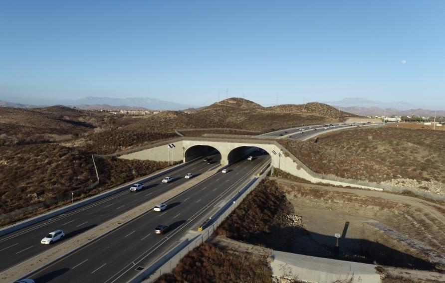 Aerial view of wildlife overpass on Clinton Keith Road