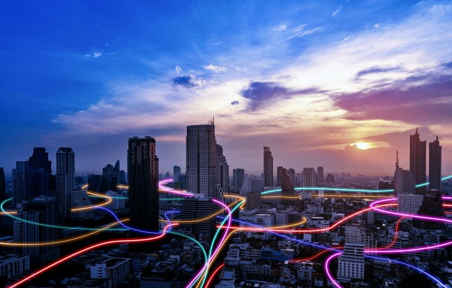 City with digital lines