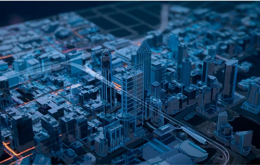 Digital 3D model of a cityscape, representing a spatial digital twin
