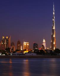 The Dubai city skyline at night time