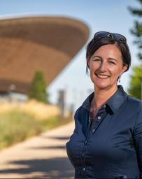 Suzanne Lopes in the foreground with the London 2012 Olympic Velodrome in the background