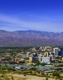 Landscape view of Tuscon with mountains in the background and cacti in foreground with cityscape in the center