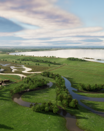 Artist illustration of river and green fields