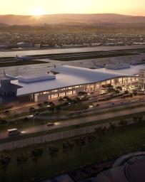 Aerial rendering of Burbank airport at dusk