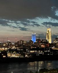 Missouri River through downtown Omaha at night