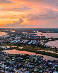 Aerial view of Fort Myers Beach at sunset