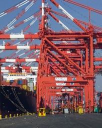 Container ship at Newark Port with cranes