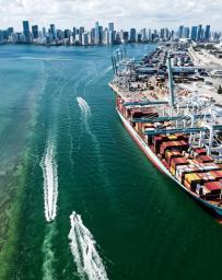Port of Miami from above shot with a drone amongst a beautiful downtown and brickell backdrop