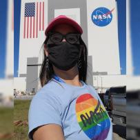 Jennifer Lu in front of Kennedy Space Center