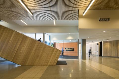 Entrance foyer featuring blonde wood paneling and tile at new Christchurch Hospital Outpatients building