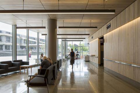 Waiting area at new Christchurch Hospital Outpatients building flooded with natural light