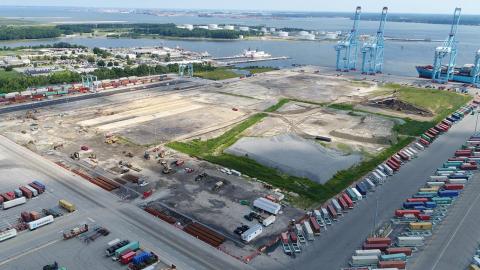Aerial view of containers and cranes at Port of Virginia