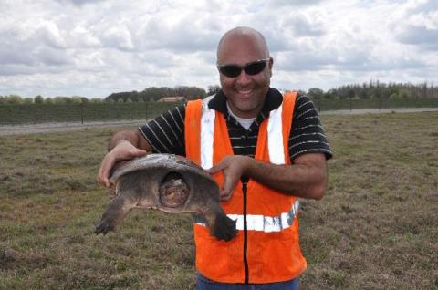 Jacobs Principal Technologist and 4G Wetlands Project Manager Rafael Vazquez-Burney holding a softshell turtle at the 4G Wetlands site   