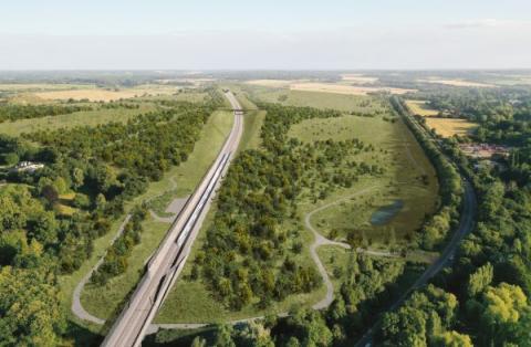 Architect’s impression showing how the HS2 line and the surrounding pasture, wetland and grassland will appear. 