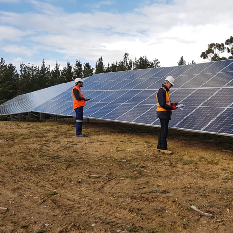 Engineers in PPE inspect solar panels