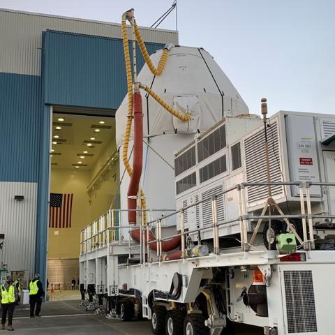 Orion rolling to high bay at Kennedy Space Center