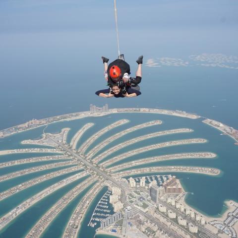 Sasha skydiving in Palm Jumeirah, Dubai
