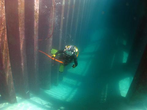 Jacobs engineer diver underwater inspecting stack