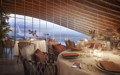 Interior view of airport dining area at dusk