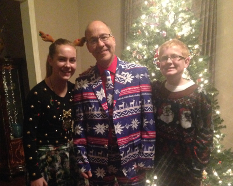First event attended following Judith's husband's treatment and recovery: an ugly sweater party!