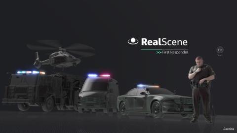 Screenshot of a virtual lineup of first responder vehicles and staff