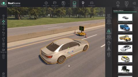 Screenshot of a virtual vehicle on a road with options to switch make and model of vehicle in simulation