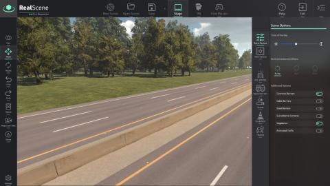 Screenshot of a road with options to switch weather, time of day, and other options in the simulation