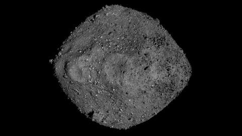 The mosaic is a photo mosaic model of Bennu that the OSIRIS-REx lander captured over several weeks before making its landing on the asteroid.