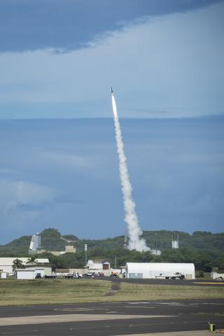A short-range ballistic missile target is launched from the Pacific Missile Range Facility in Kauai, Hawaii, Oct. 25 as part of Vigilant Wyvern/Flight Test Aegis Weapon System-48, a joint test of the Navy Program Executive Officer Integrated Warfare Systems and the Missile Defense Agency.