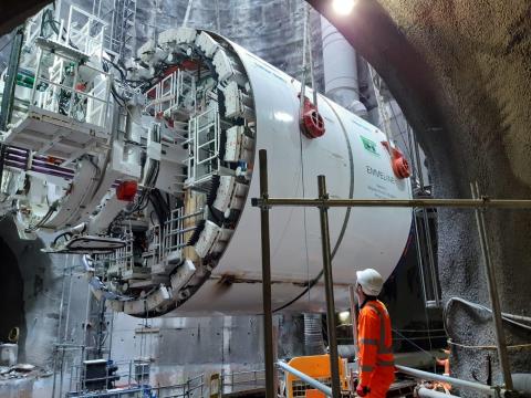 Tunnel boring machine being lifted into position