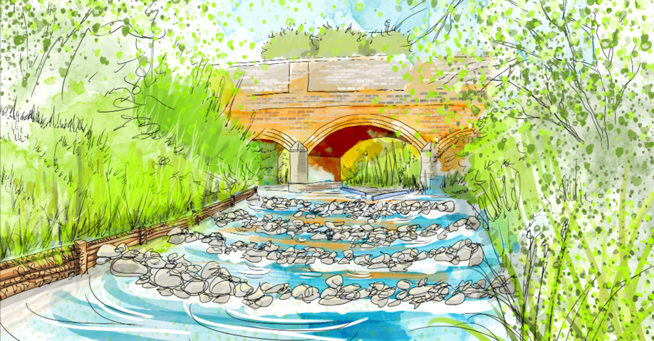 Sketch of a river with rock barriers and a bridge above it