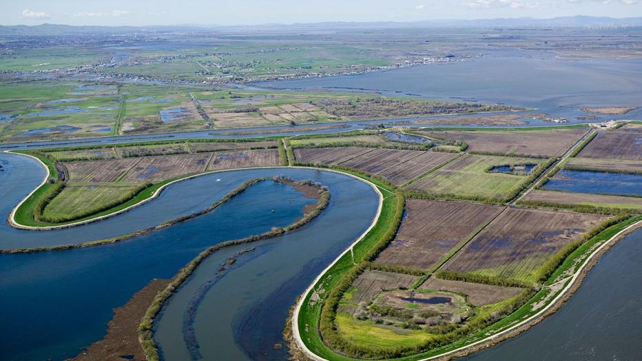 Aerial view of large estuary 