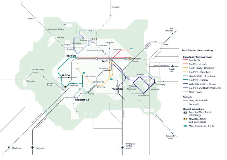 Route map of West Yorkshire mass transit lines