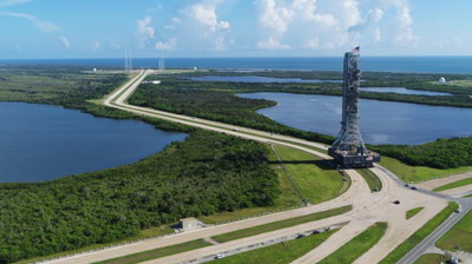 Mobile launch on crawler on runway at Kennedy Space Center