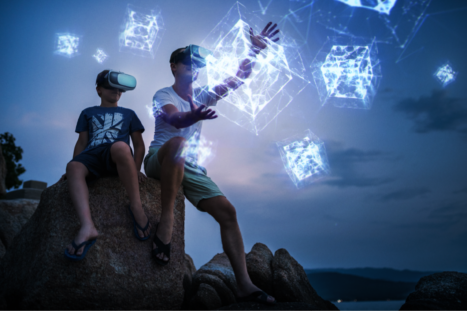 Father and son with virtual reality googles and simulated view