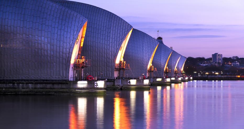 Sunset on the flood barriers on the River Thames