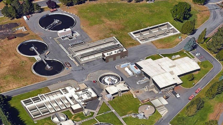 Aerial view of water restoration plant, Oregon
