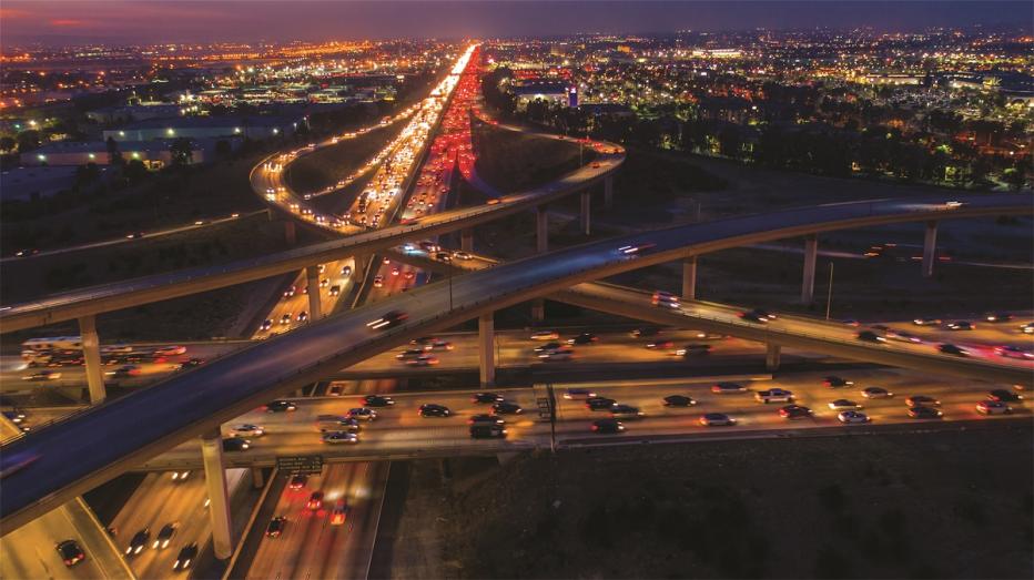 Aerial view of a complex interchange at night