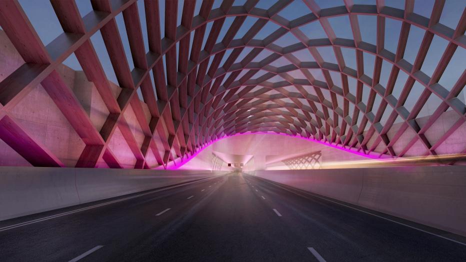 Purple lit bridge arch