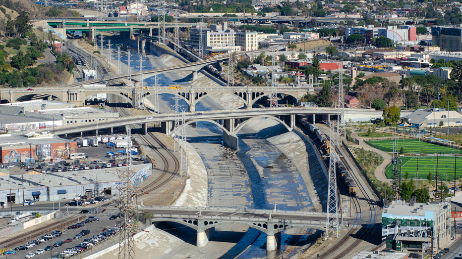 Drone image of LA River at Union Station